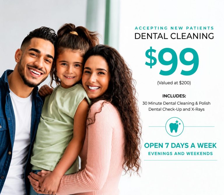 New patient dental cleaning offer — $99, family smiling