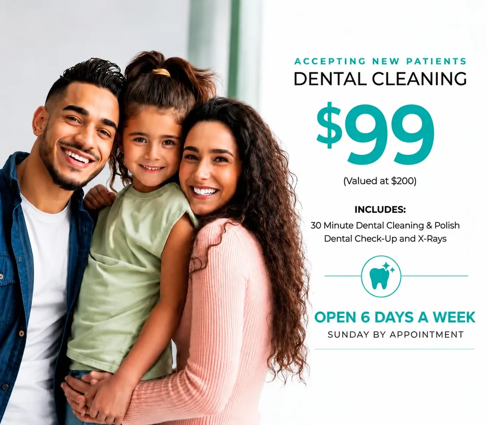 New patient dental cleaning offer — $99, family smiling